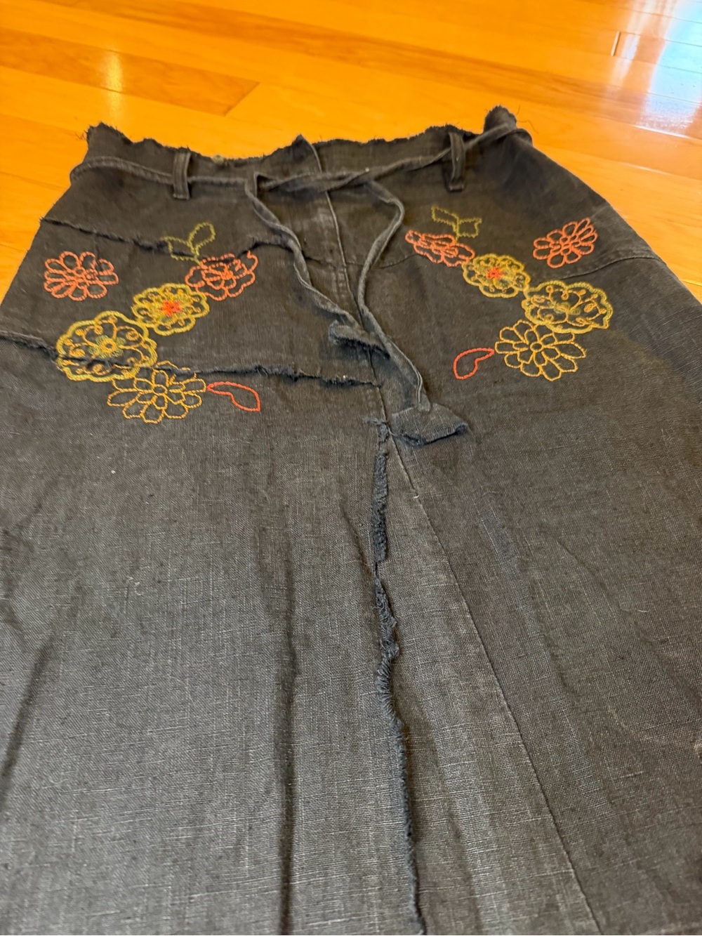 Embroidered Navy A-Line Midi Skirt with Drawstring Waist - Picture 6 of 12